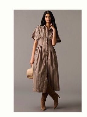 Anthropologie Brown and White Striped Midi Shirt Dress